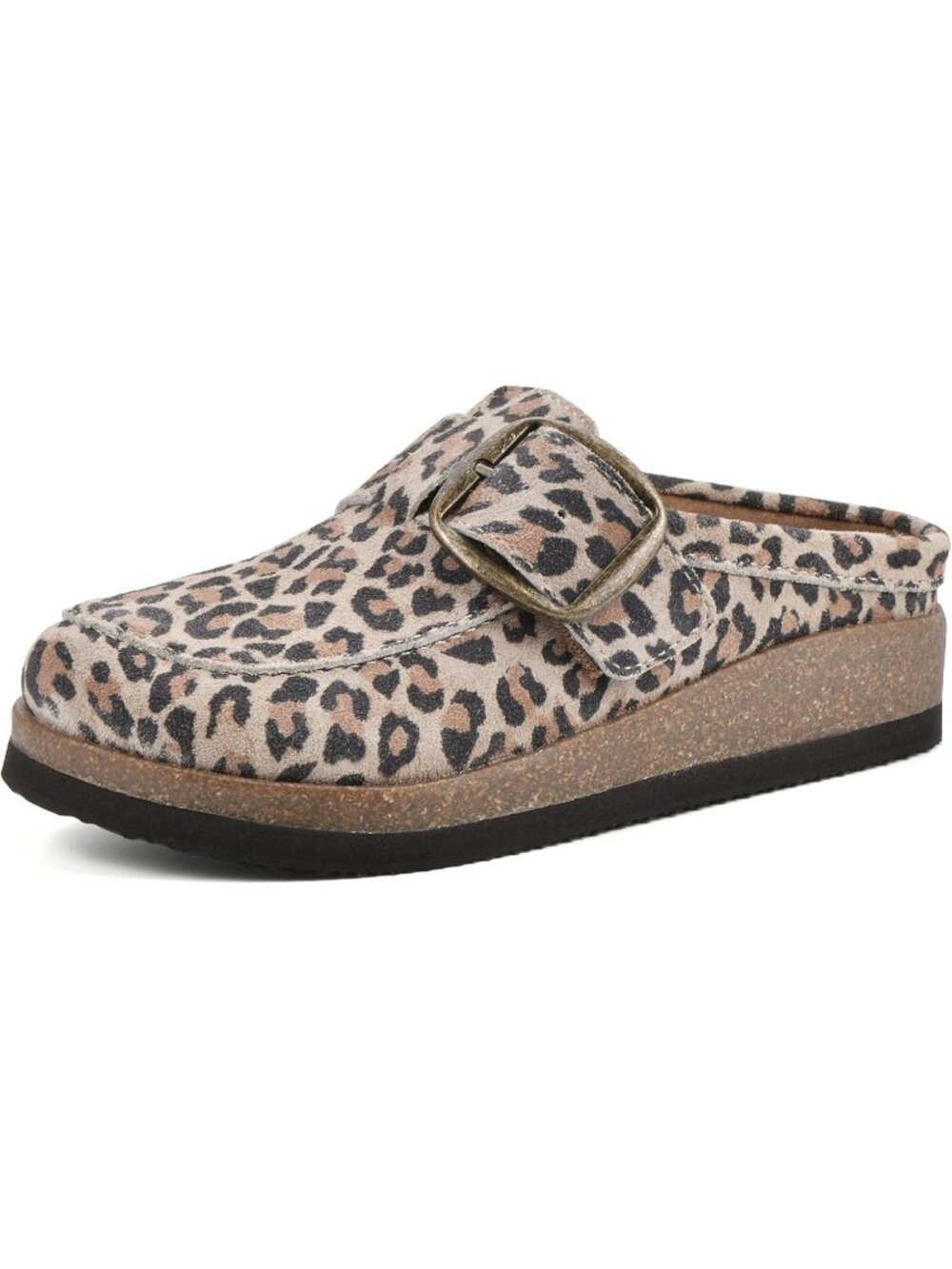 🆕Women's Leopard Suede Leather Big Buckle Foot bed Clogs Flat Slip On Mules